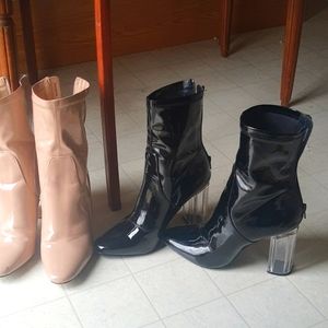 2 pairs of patent leather boots in black and nude with clear heels